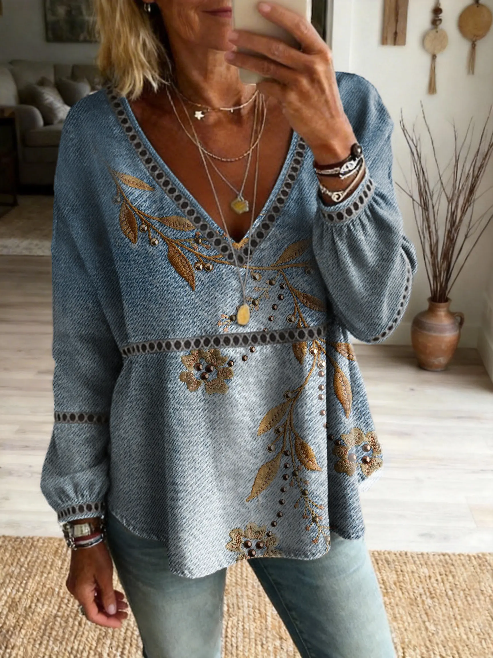 Women's Vintage Floral Textured Art Print Casual Cutout Top