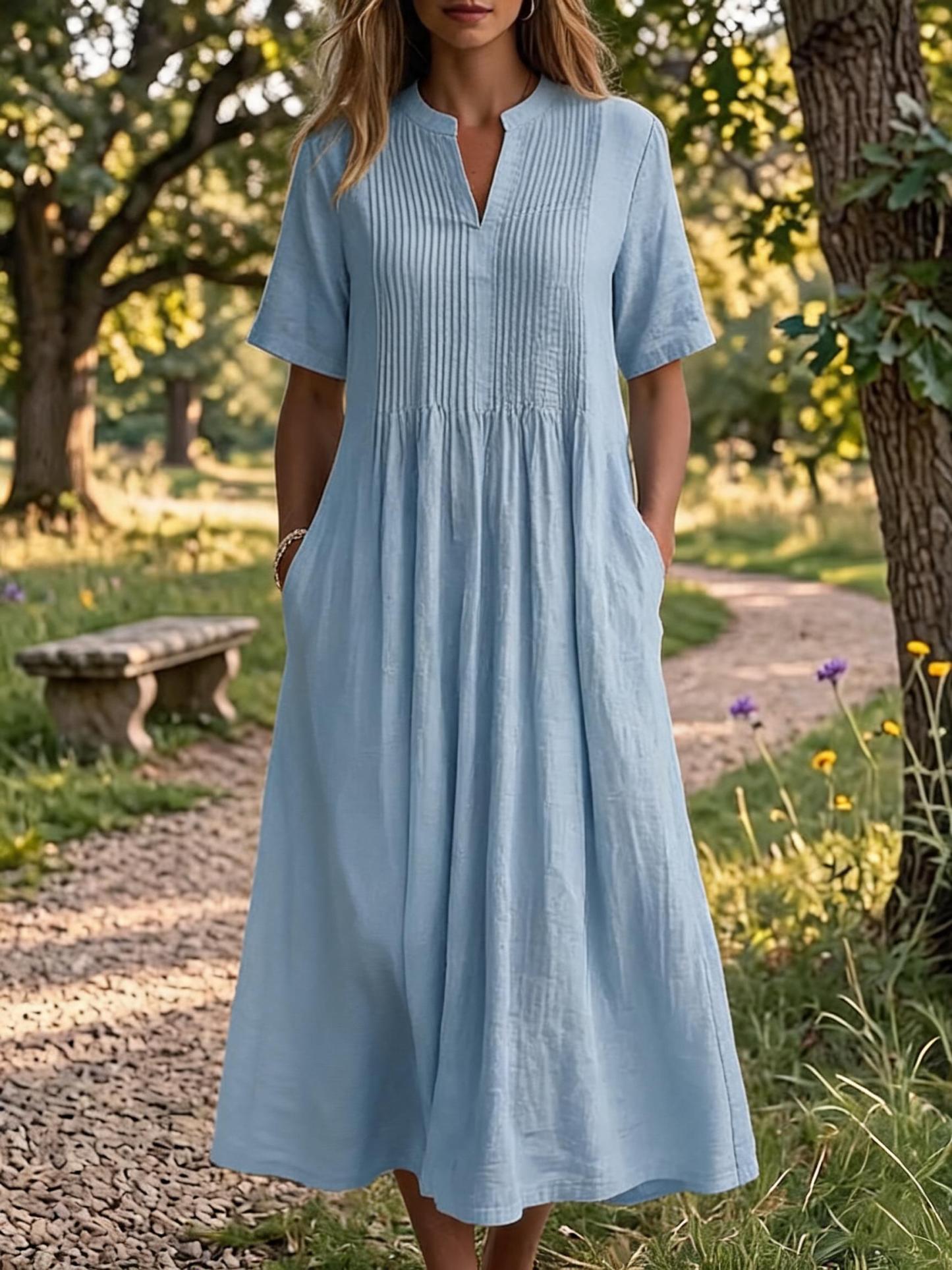Women'S V-Neck Short-Sleeved Pleated Cotton-Linen Dress