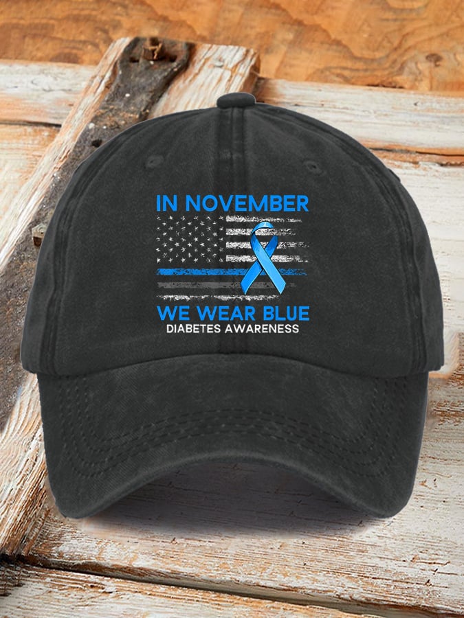 Unisex Distressed Washed Cotton "Diabetes Awareness American Flag Blue Ribbon" Printed Hat