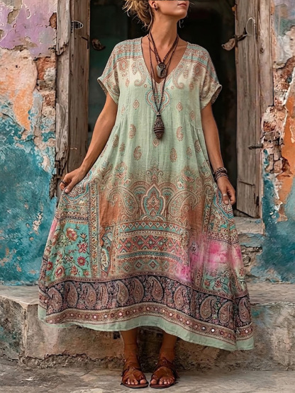 Women's Retro Bohemia Floral Print V-Neck Short Sleeve Maxi Dress