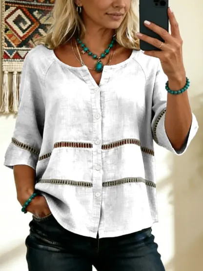 Women's Tie-front Button-up Cotton-linen Blend Short-sleeve Shirt