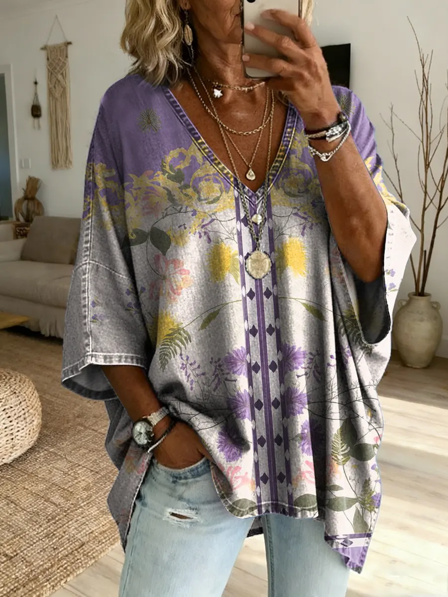 Ethnicity Purple Flowers Geometry Women's Art Print Casual Washed Cotton Denim Top