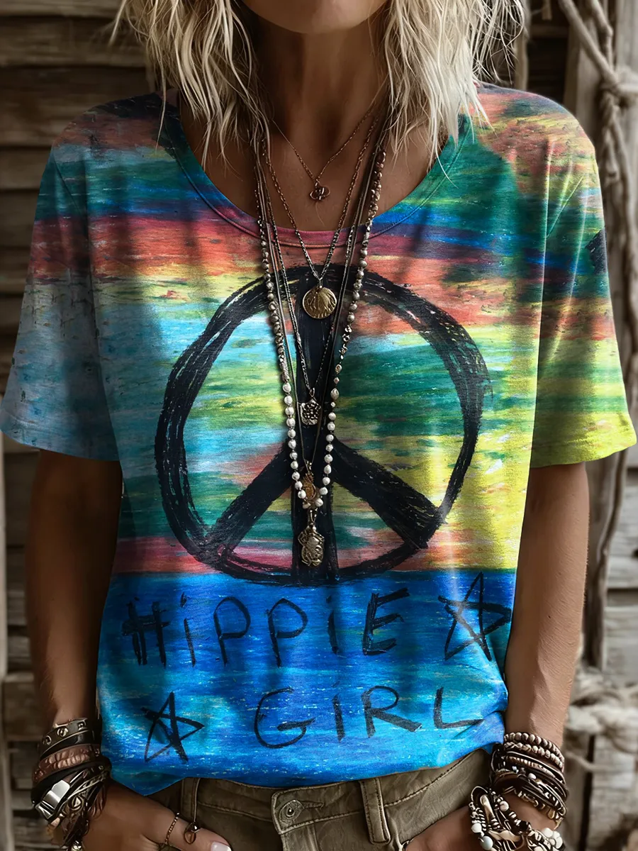 Women's Colorful Hippie Girl Art Print Casual Short Sleeve Crew Neck Cotton T-shirt