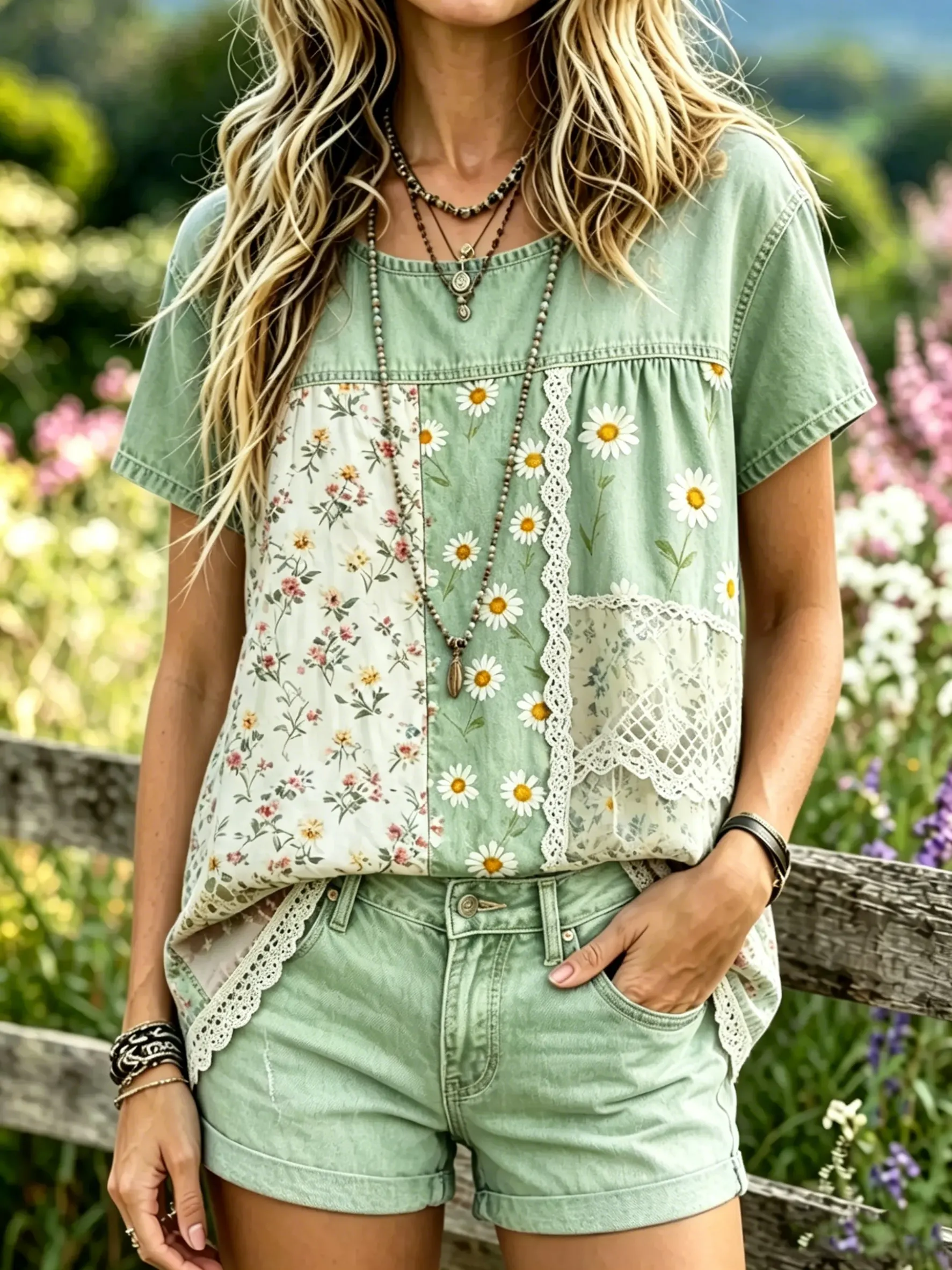 Women's Denim Patchwork Daisy Floral Print Short Sleeve Blouse