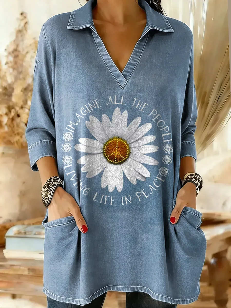 Hippie Imagine All The People Living Life In Peace Print V-Neck Denim Cotton Pocket Shirt