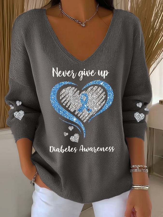 Women's Never Give Up – Diabetes Awareness Print V Neck Sweater
