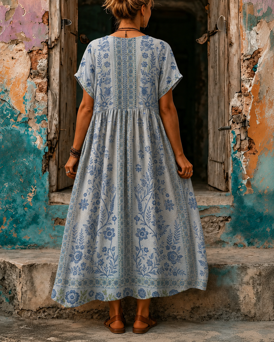 Women's Vacation Linen Boho Floral Print V-Neck Short Sleeve Maxi Dress