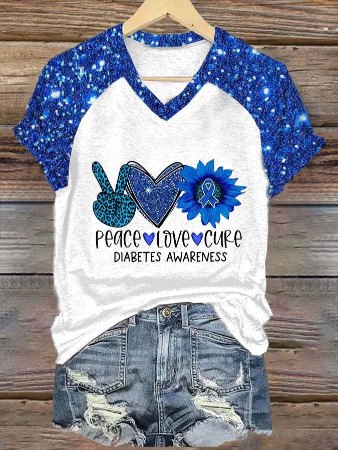 Women's Peace Love Cure Diabetes Sunflower Print Casual T-Shirt