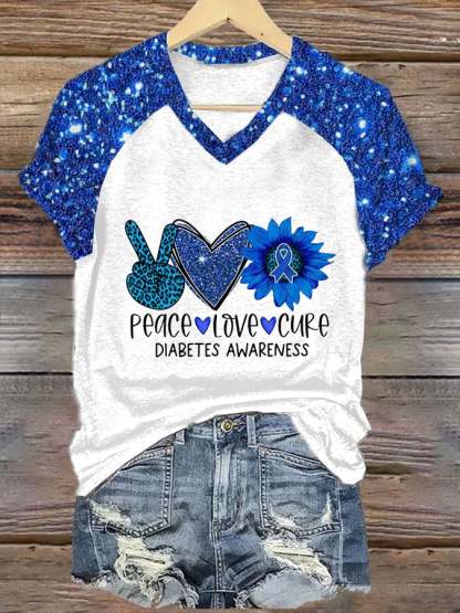 Women's Peace Love Cure Diabetes Sunflower Print Casual T-Shirt