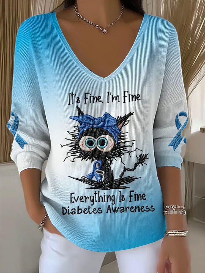 Women's It's Fine I'm Fine Everything Is Fine Diabetes Awareness Print V Neck Sweater