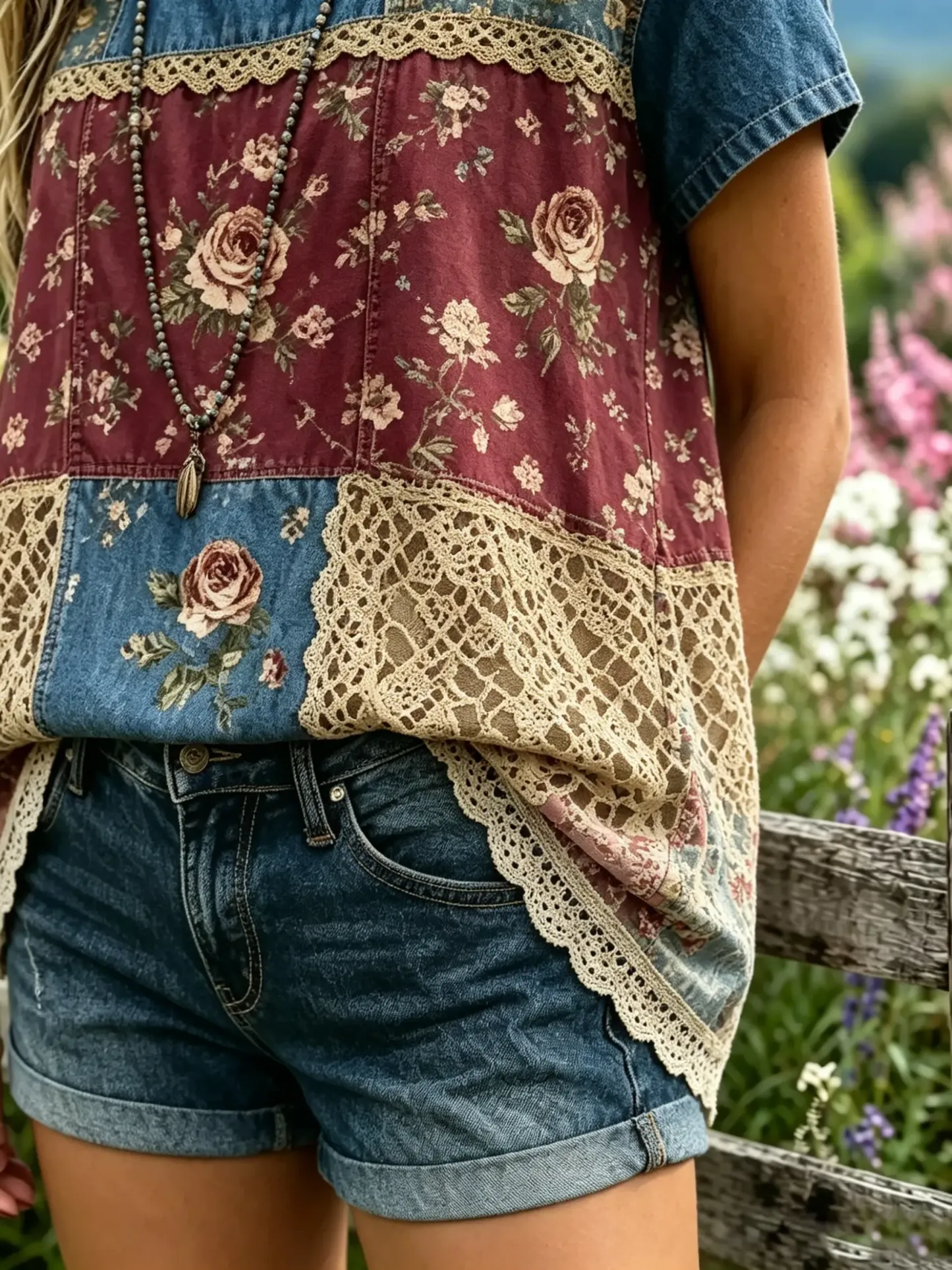 Women's Rose Floral Patchwork Print Short Sleeve Top