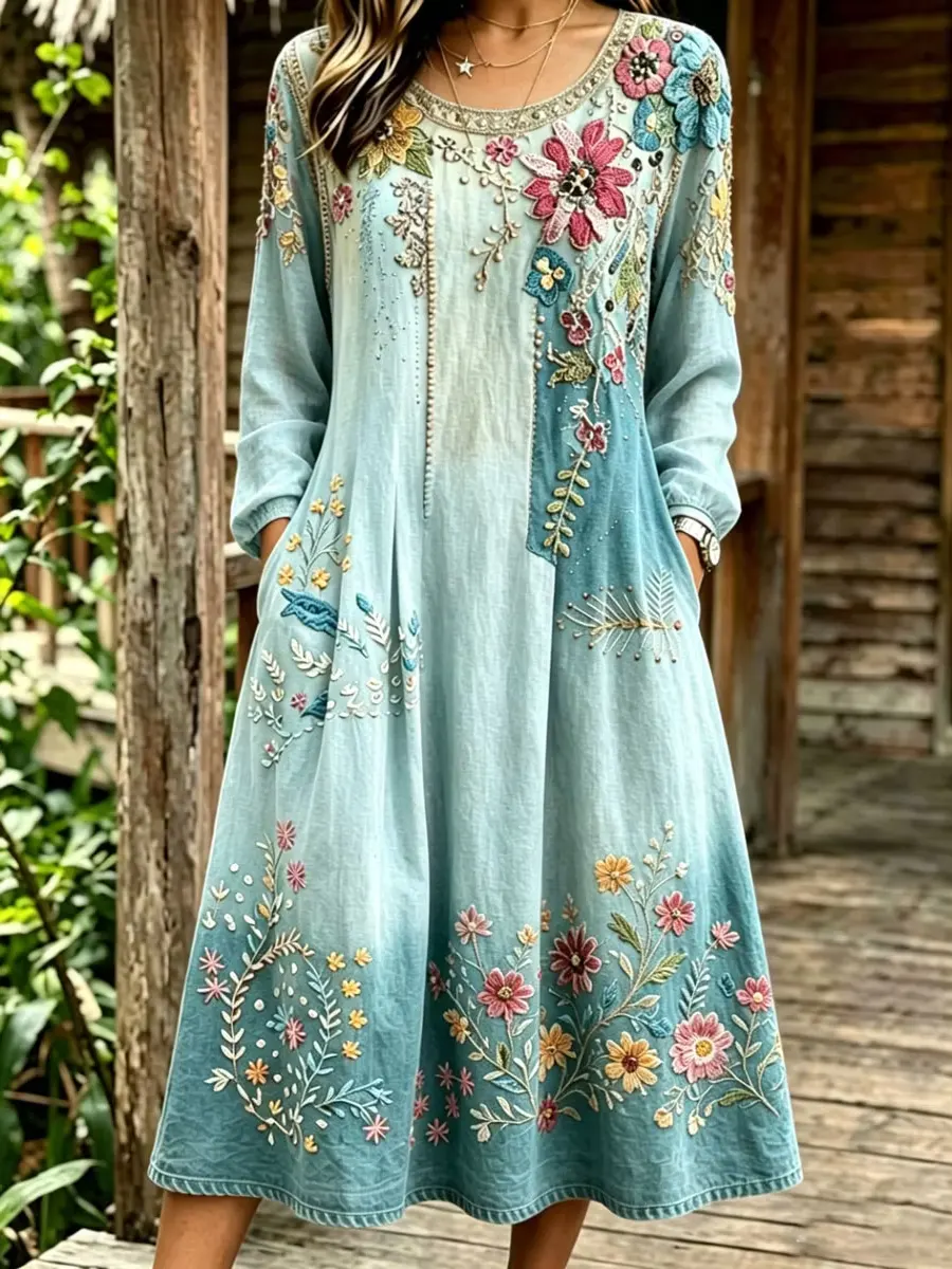 Women's Floral Art Print Cotton Midi Dress