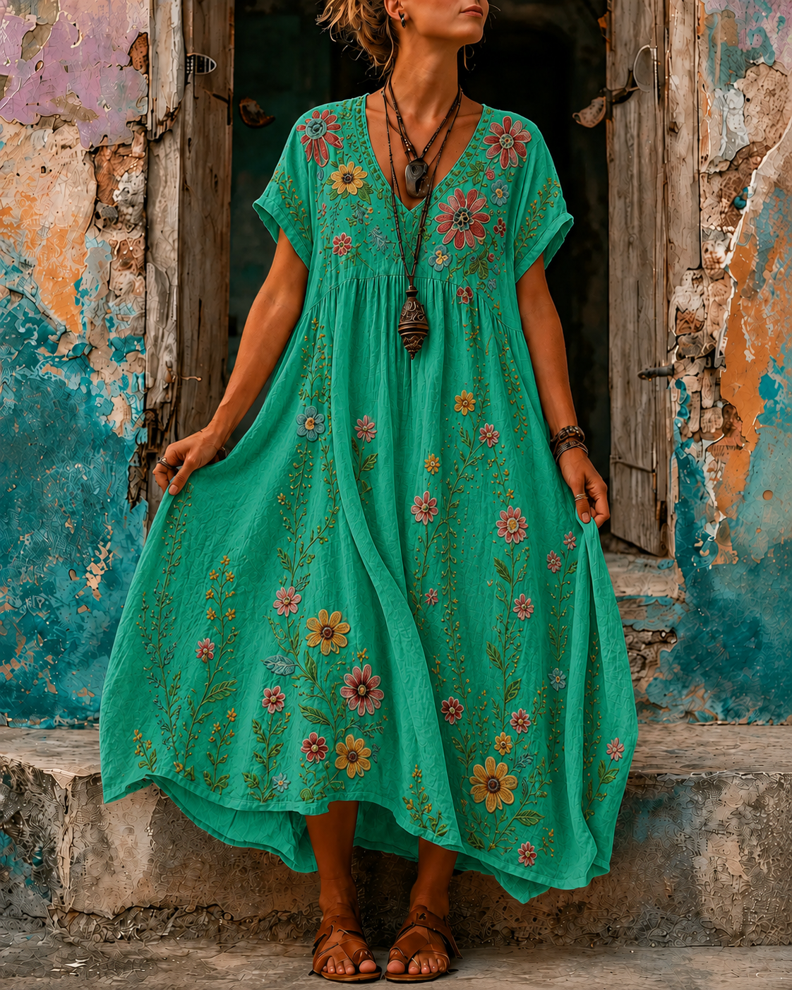 Women's Vacation Linen Boho Floral Embroidery V-Neck Short Sleeve Maxi Dress