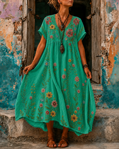 Women's Vacation Linen Boho Floral Embroidery V-Neck Short Sleeve Maxi Dress