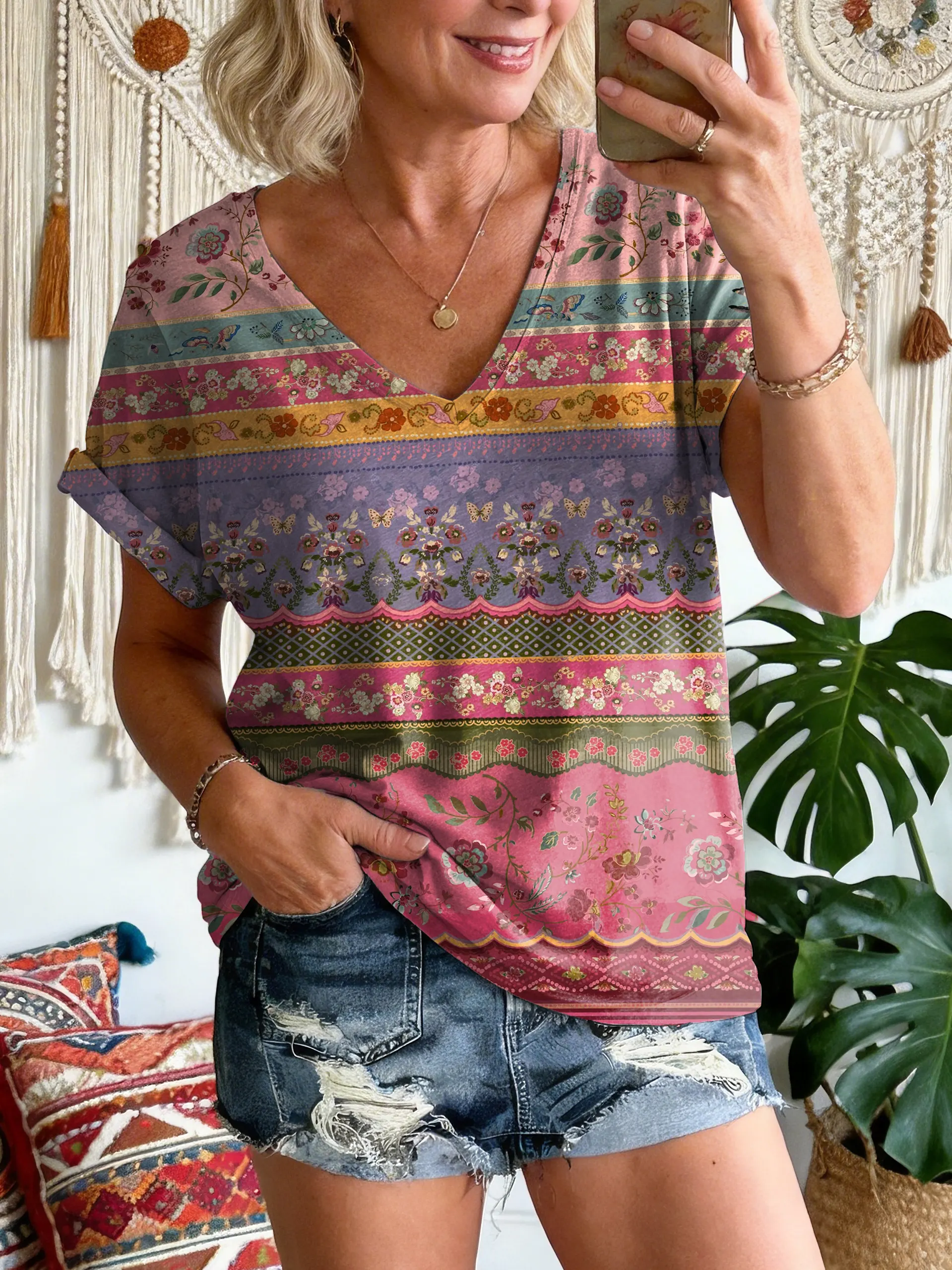 Women's Vintage Floral Pattern Art Print V-neck Short Sleeve