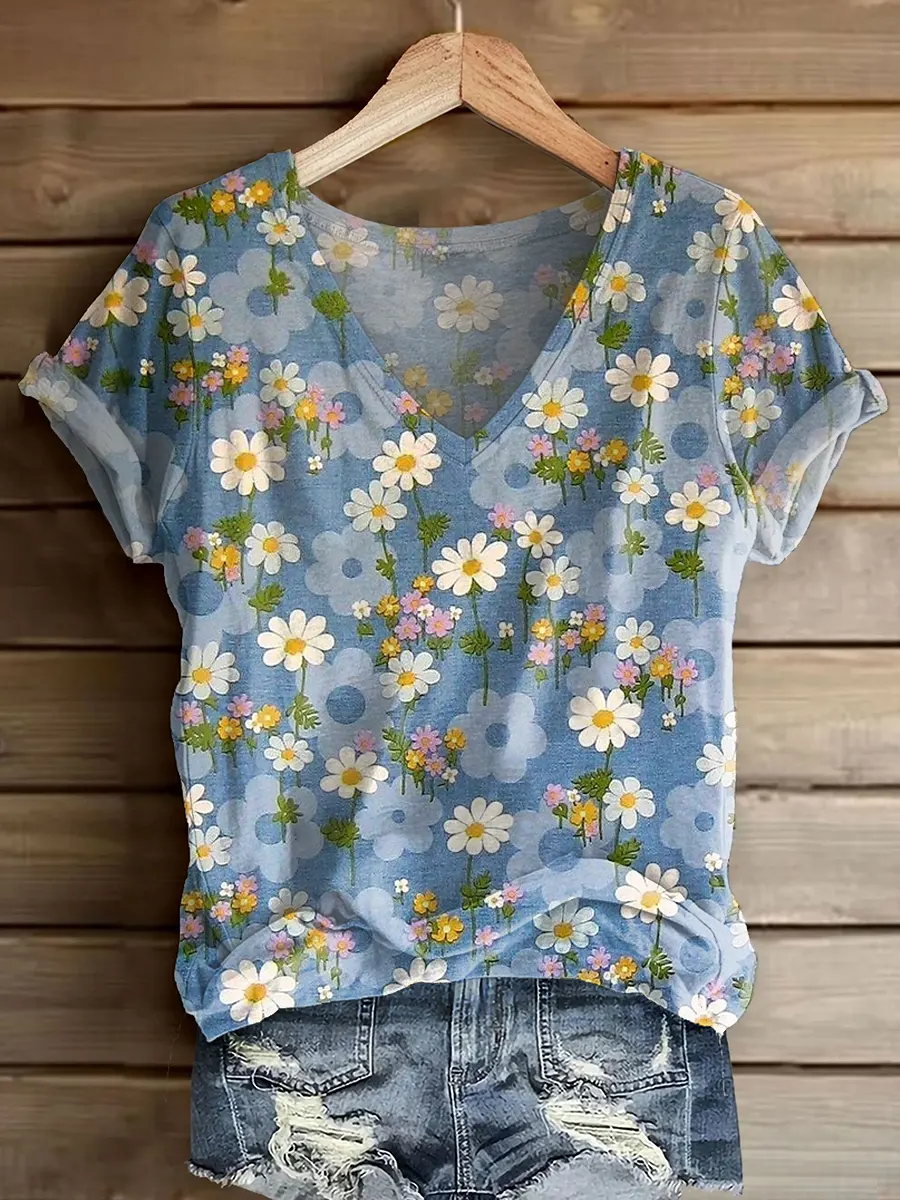 Women's Vintage Floral Pattern Art Print V-neck Short Sleeve