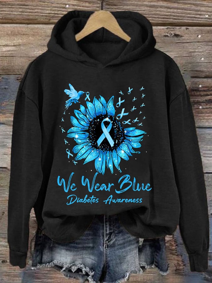 Retro Diabetes Awareness We Wear Blue Hummingbird Blue Ribbon Print Hoodie