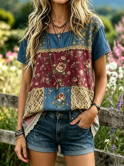 Women's Rose Floral Patchwork Print Short Sleeve Top