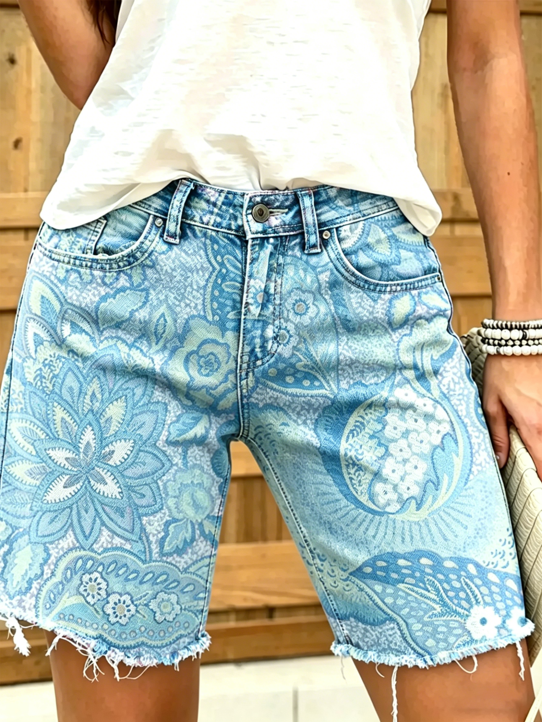 Women's Colorful Ethnic Flowers Print Denim Bermuda Shorts