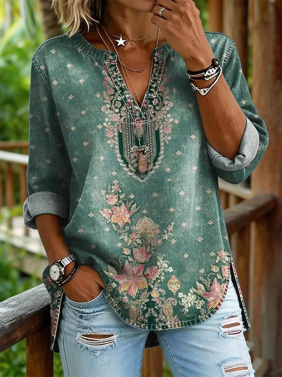 Ethnicity Bohemia Totem Flowers Women's Art Print Casual V-neck Washed Cotton Denim Top