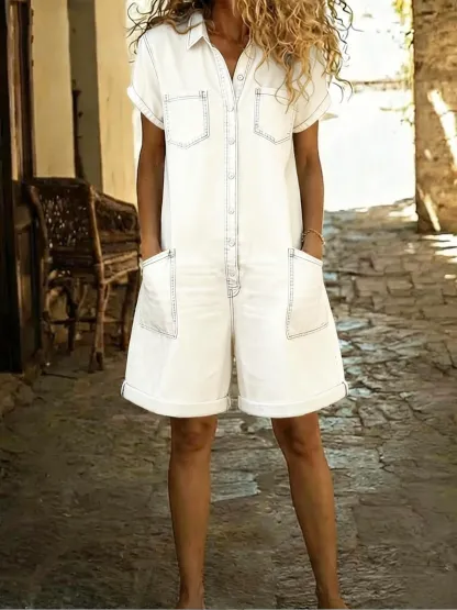 Women's Casual Cotton Denim Jumpsuit Shorts