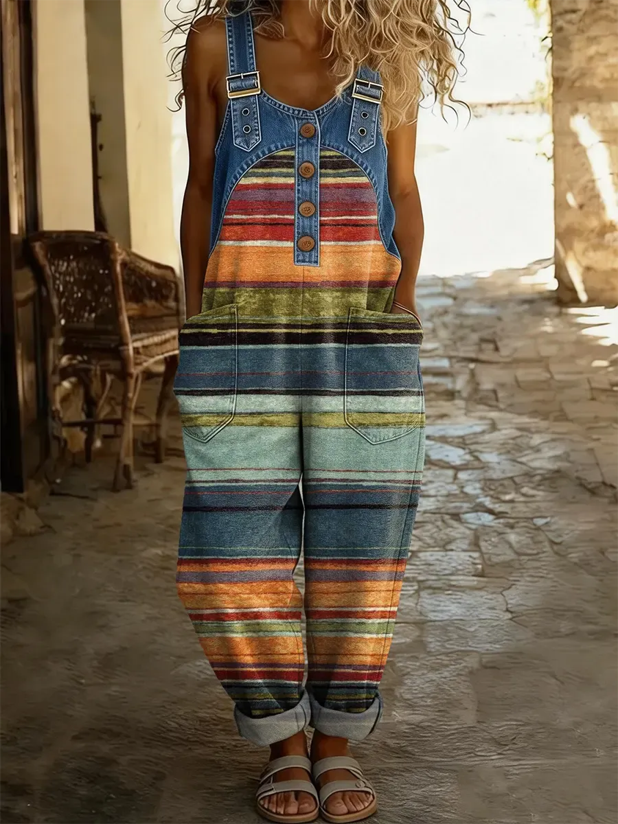 Women's Multicolored Striped Art-print Washed Cotton Denim Patchwork Jumpsuit