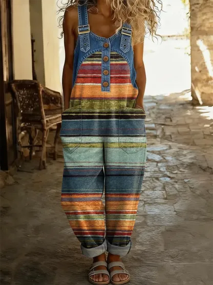 Women's Multicolored Striped Art-print Washed Cotton Denim Patchwork Jumpsuit