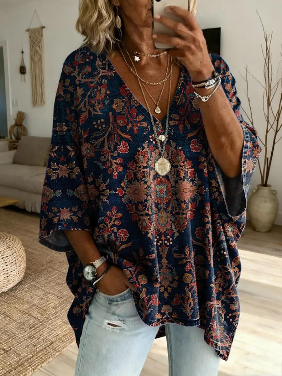 Ethnicity Totem Floral Women's Art Print Casual Washed Cotton Denim Top