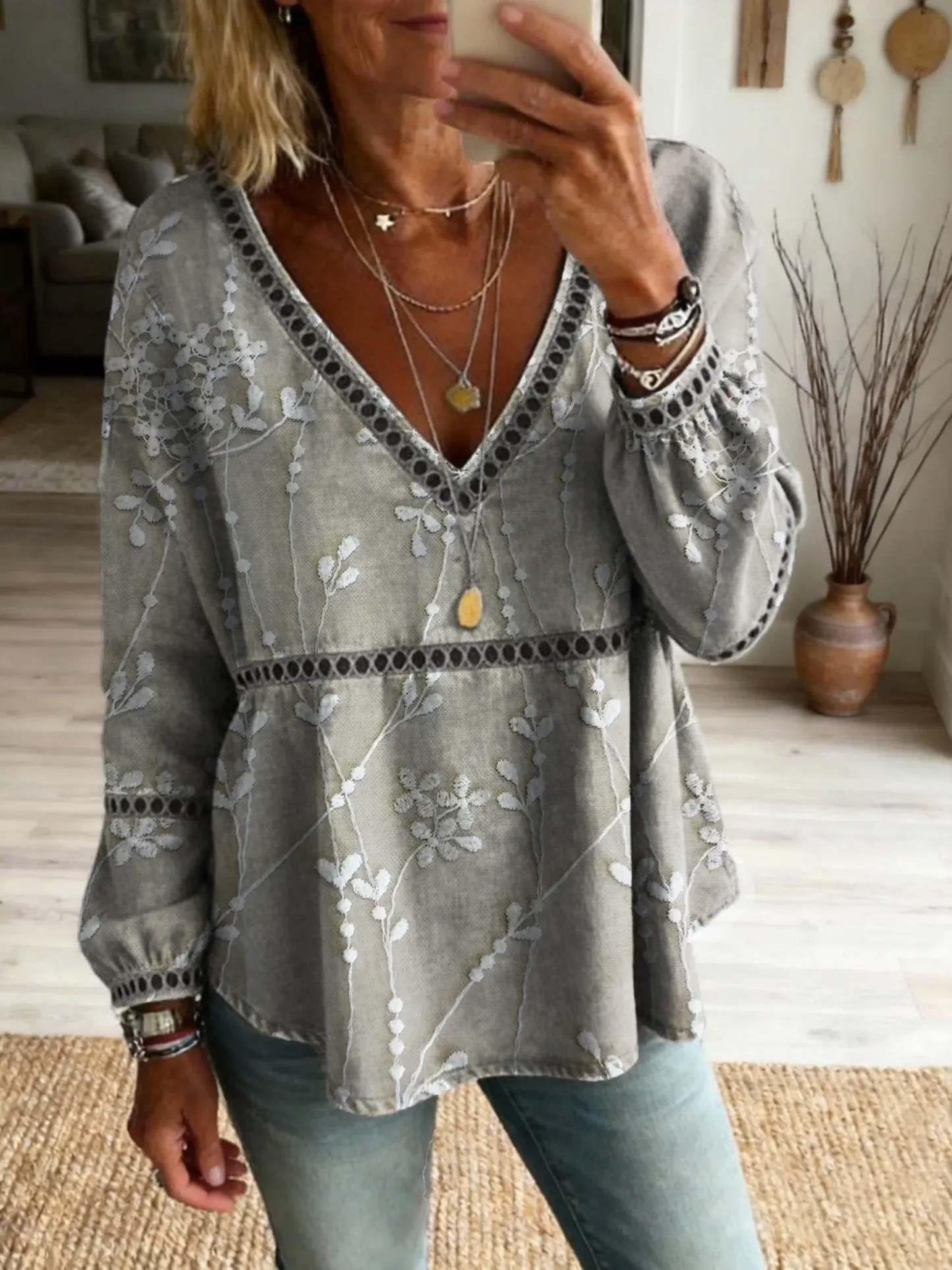 Women's Textured Floral Art Print Casual Cutout Top