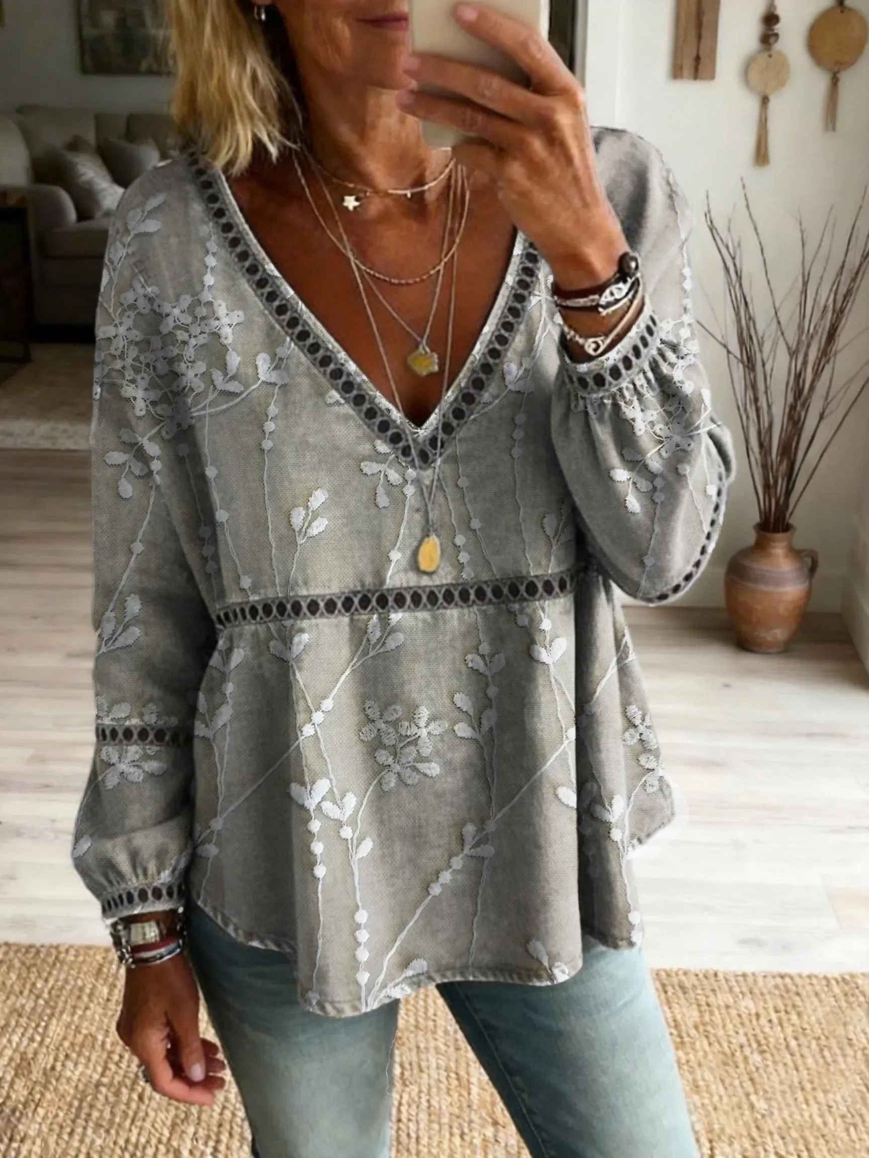 Women's Textured Floral Art Print Casual Cutout Top