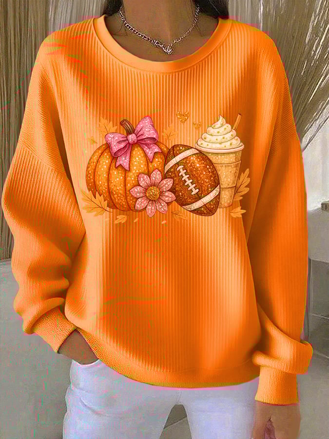 Women's Thanksgiving Pumpkin Football Print Pocketless Sweatshirt