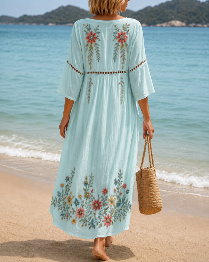 Women's Vacation Linen Boho Floral Print V-Neck Short Sleeve Maxi Dress