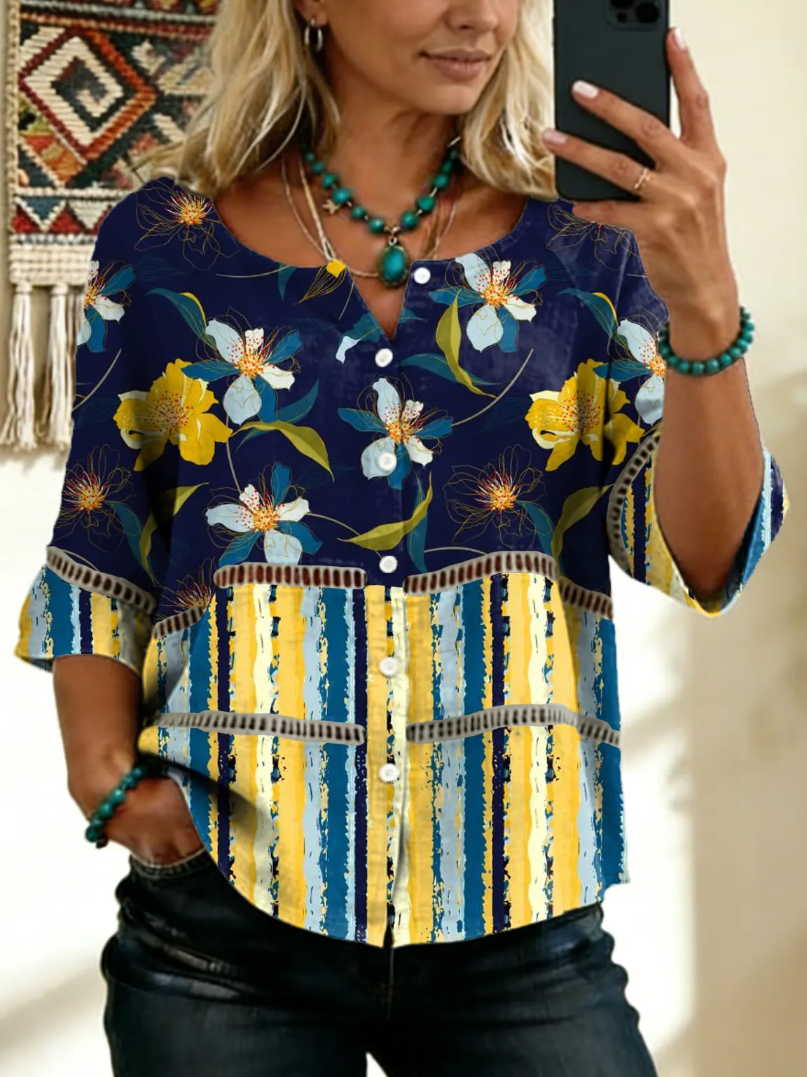 Women's Vintage Floral Art Print Tie-front Button-up Cotton-linen Blend Short-sleeve Shirt