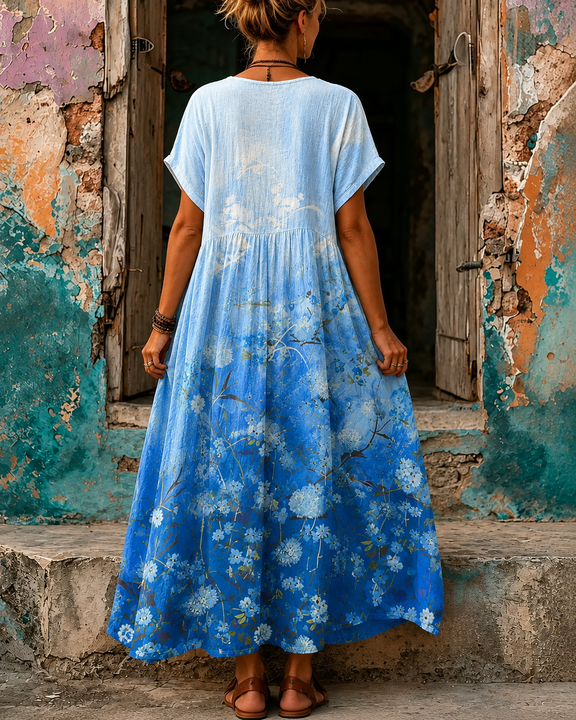 Women's Vacation Linen Boho Floral Print V-Neck Short Sleeve Maxi Dress
