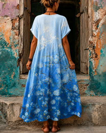 Women's Vacation Linen Boho Floral Print V-Neck Short Sleeve Maxi Dress