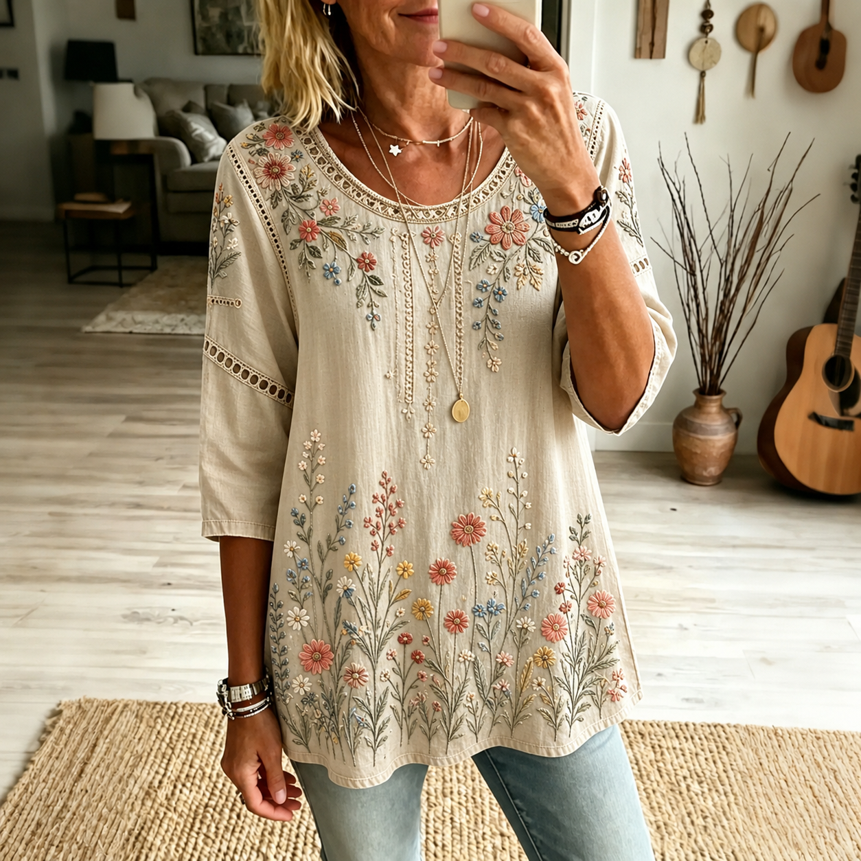 Retro Boho Forlal Pattern Splicing Print Blouse