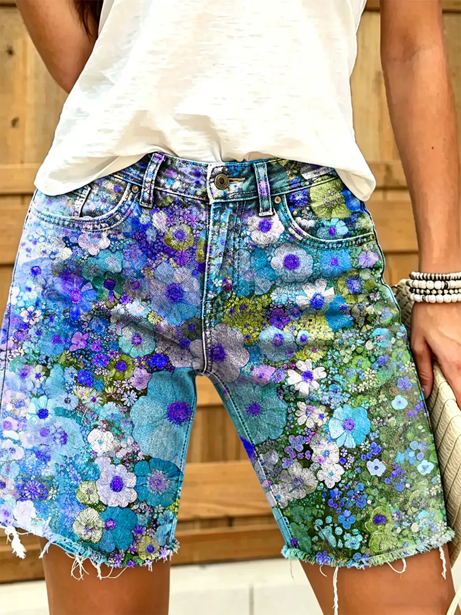 Women's All-Over Watercolor Floral Print Frayed Denim Bermuda Shorts