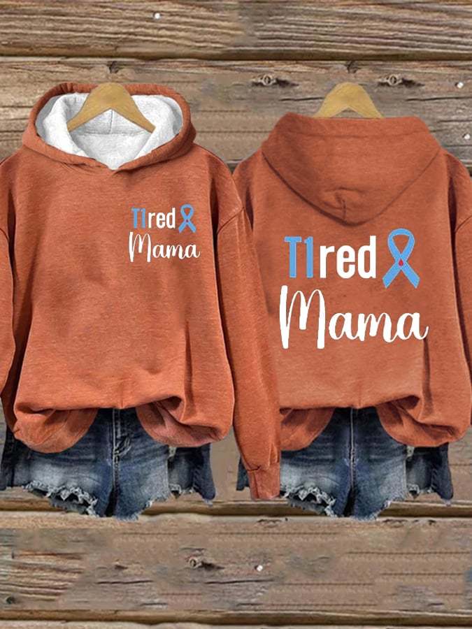 Women's T1red Mama Diabetes Awareness Blue Ribbon Print Casual Hoodie