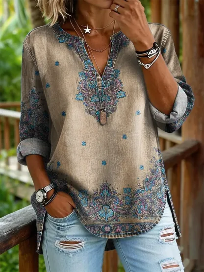 Women's Vintage Floral Print Casual V-neck Washed Cotton Denim Shirt