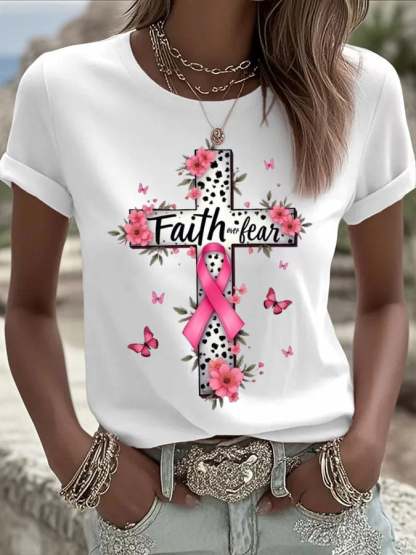 Women's Breast Cancer Faith Cross Faith over fear Print Casual T-shirt