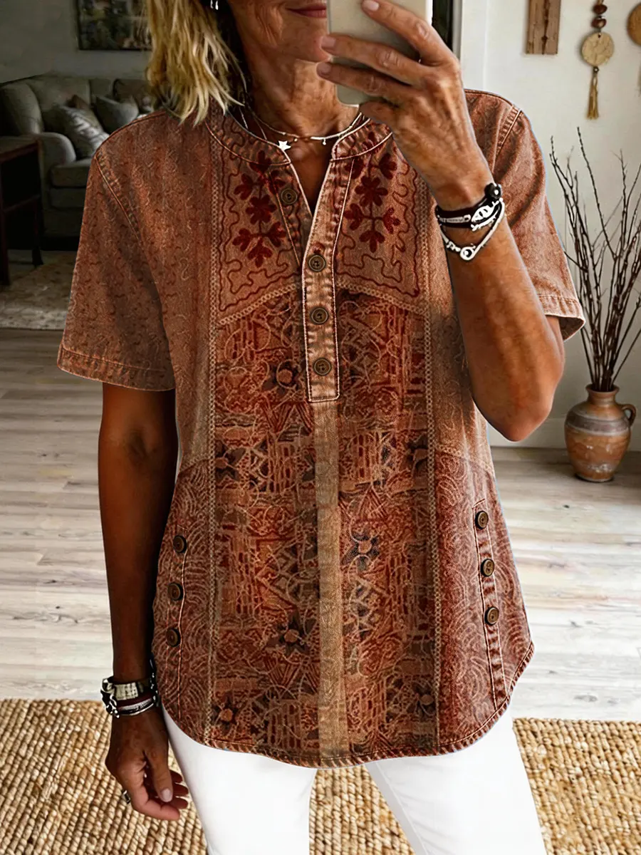 Women's Vintage Ethnic Pattern Art Print Casual Short-sleeve Washed Cotton Denim Shirt