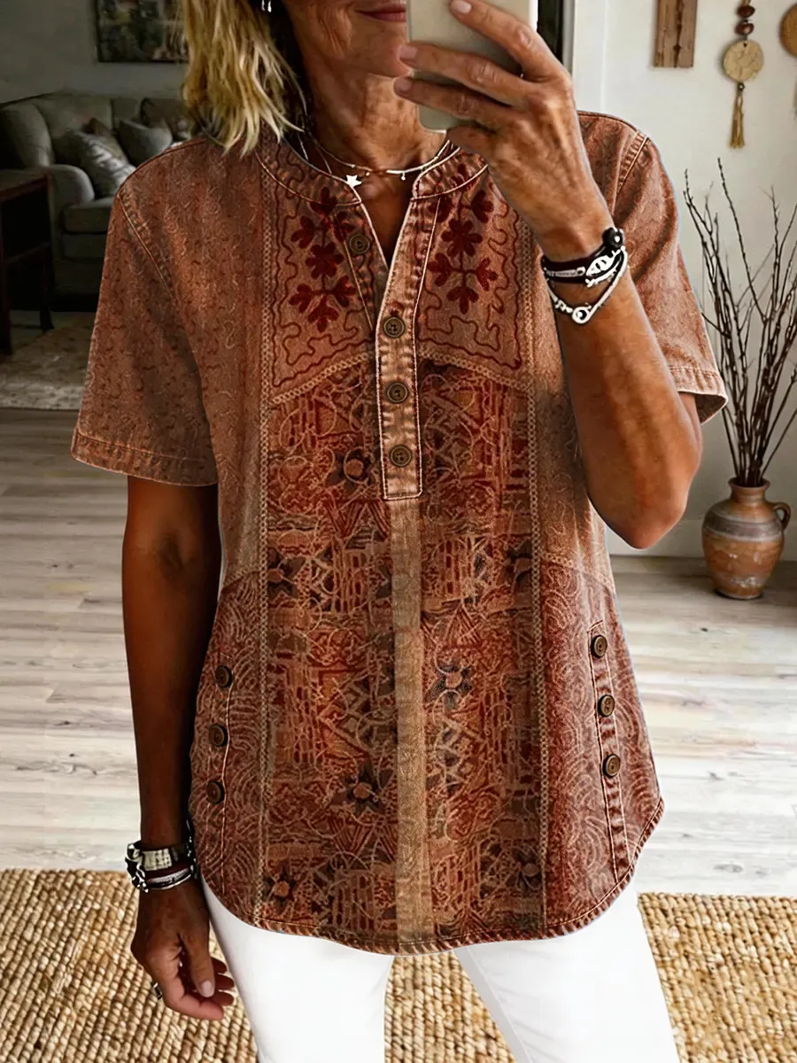 Women's Vintage Ethnic Pattern Art Print Casual Short-sleeve Washed Cotton Denim Shirt