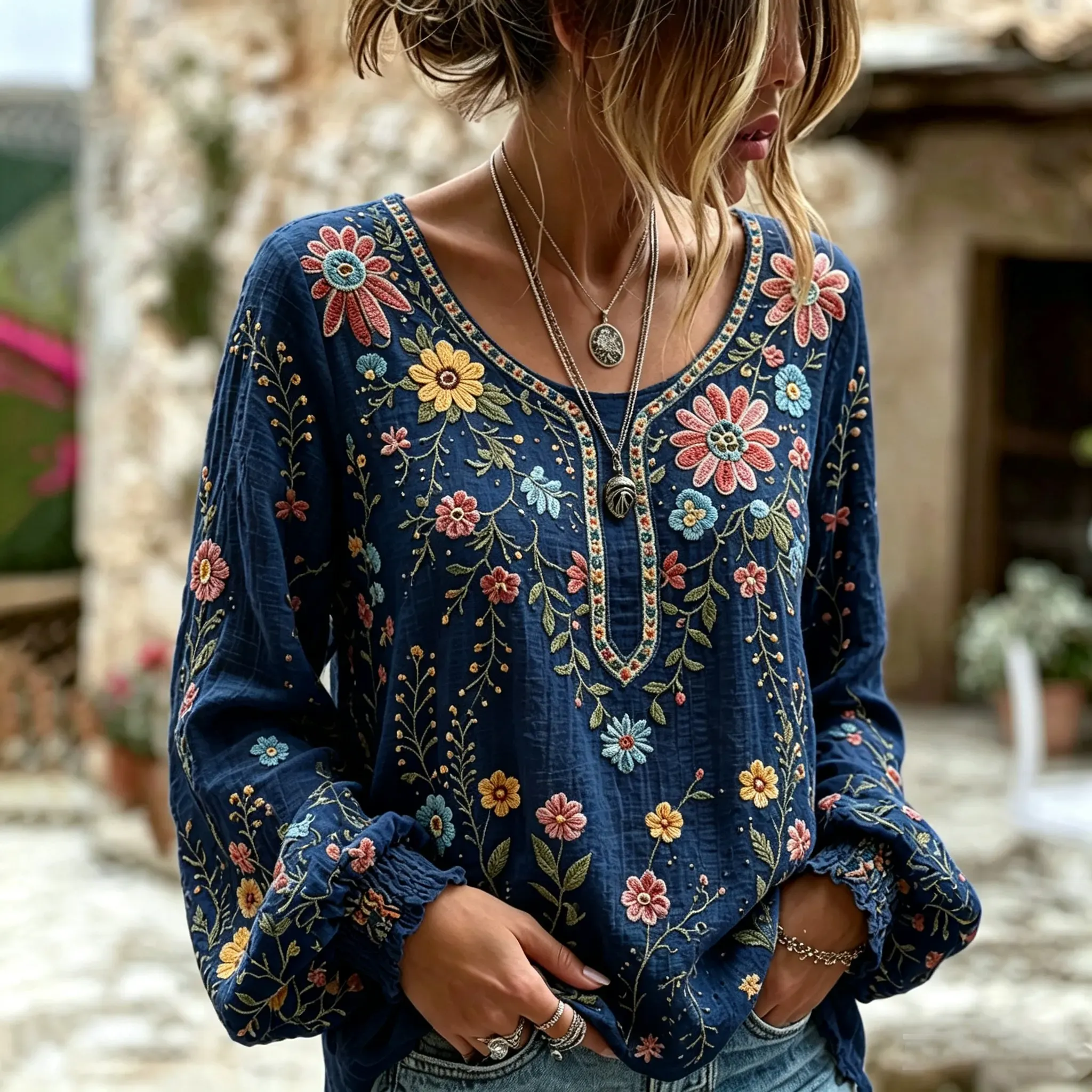 Women's Vacation Casual Embroidered Floral Linen Blouse