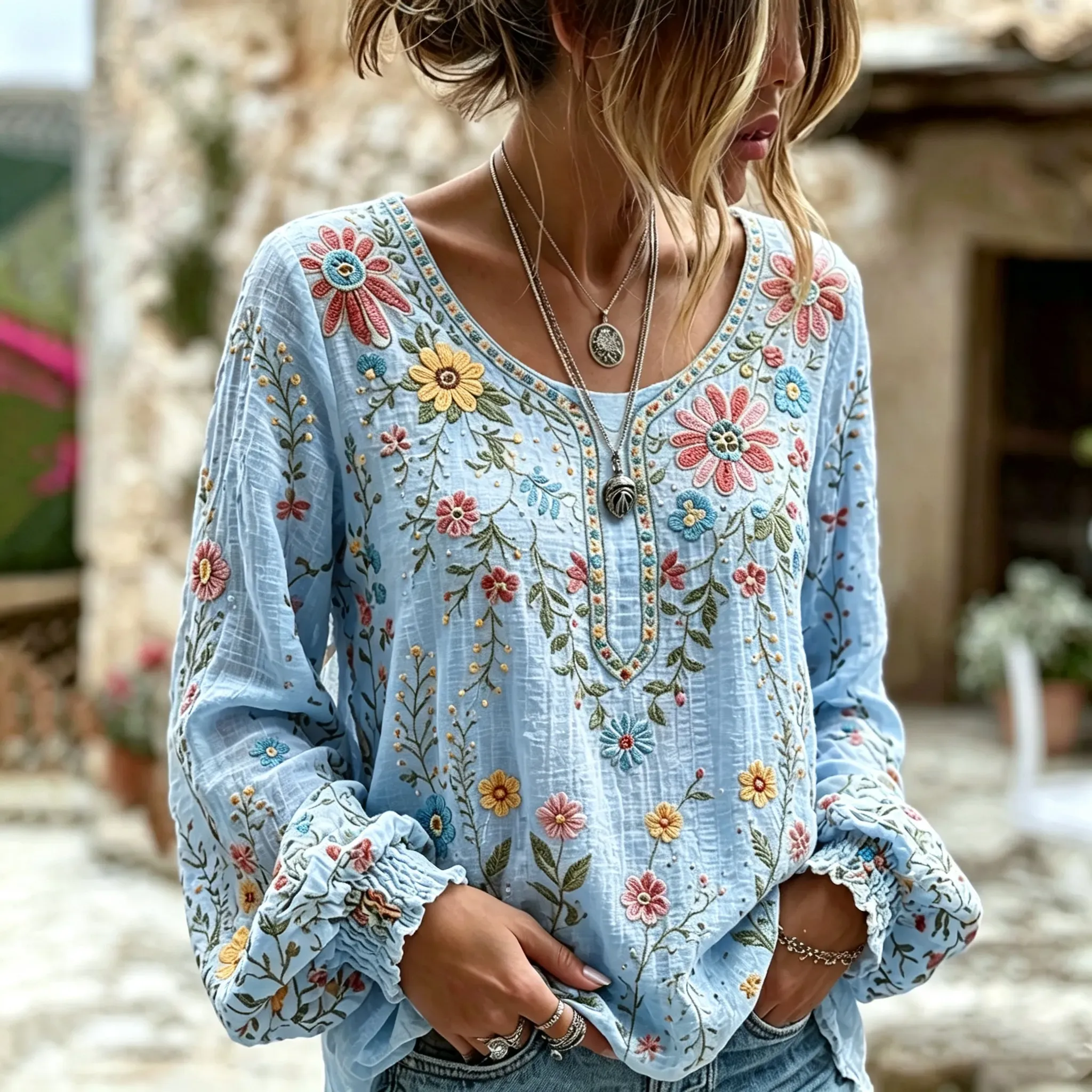 Women's Vacation Casual Embroidered Floral Linen Blouse