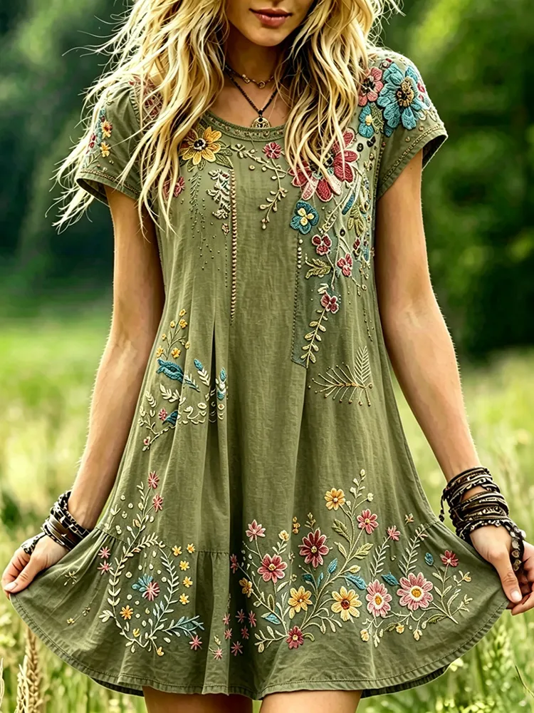 Embroidered Floral Casual Mini Dress