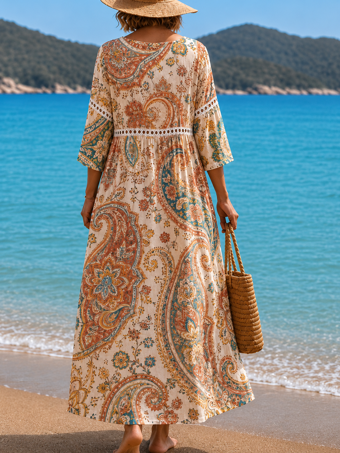 Women's Vacation Linen Boho Floral Print V-Neck Short Sleeve Maxi Dress