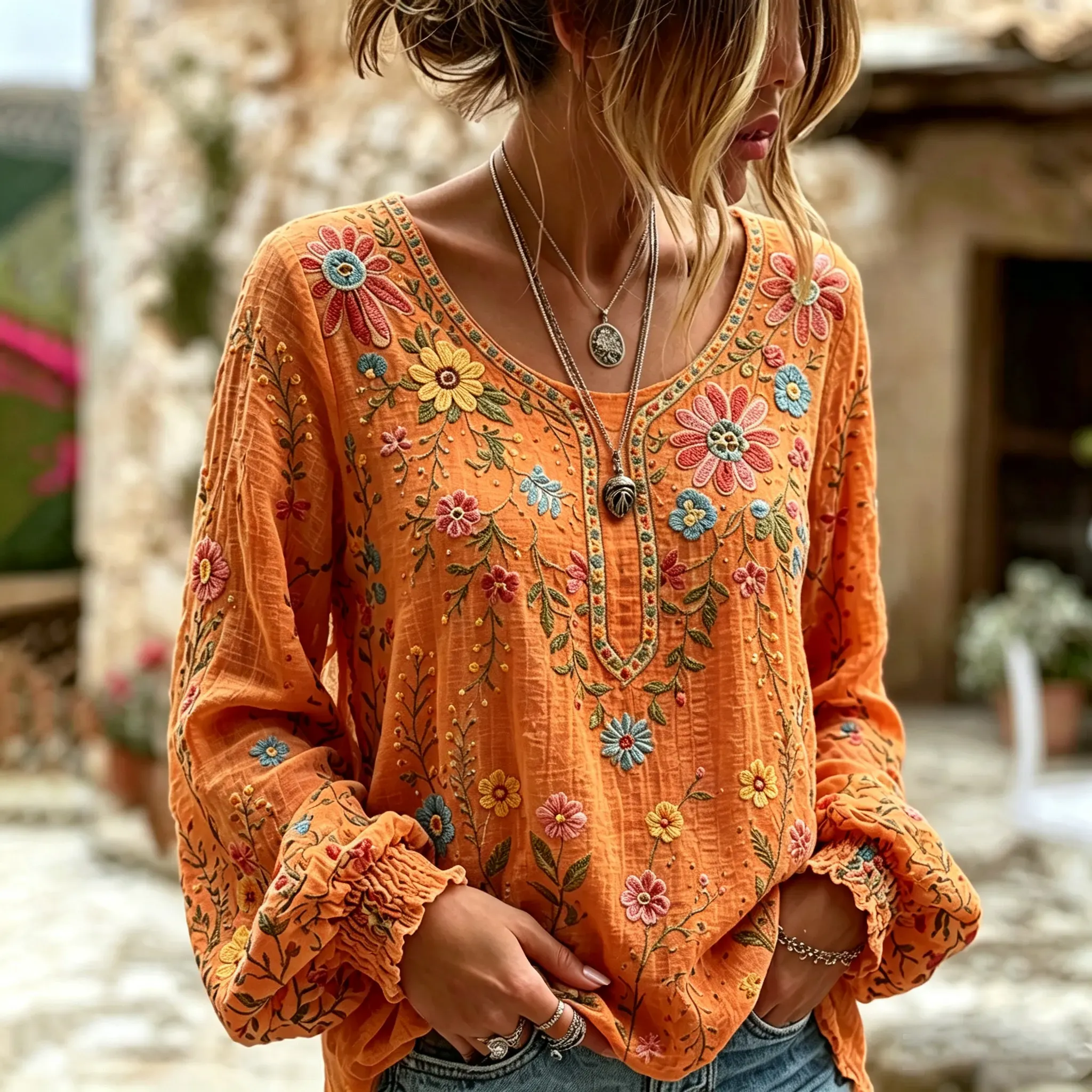 Women's Vacation Casual Embroidered Floral Linen Blouse