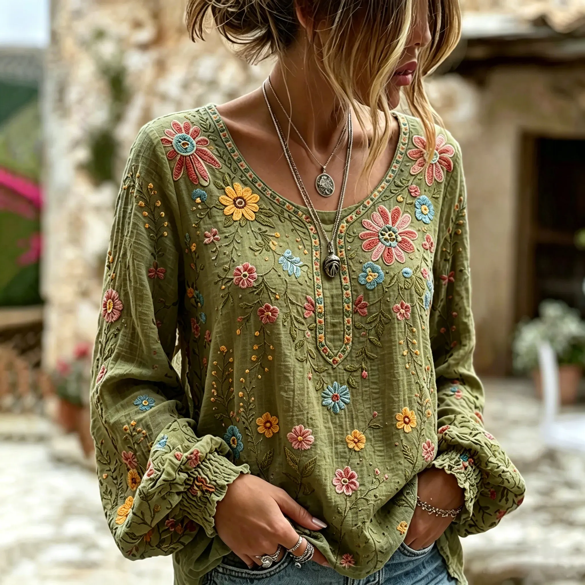 Women's Vacation Casual Embroidered Floral Linen Blouse