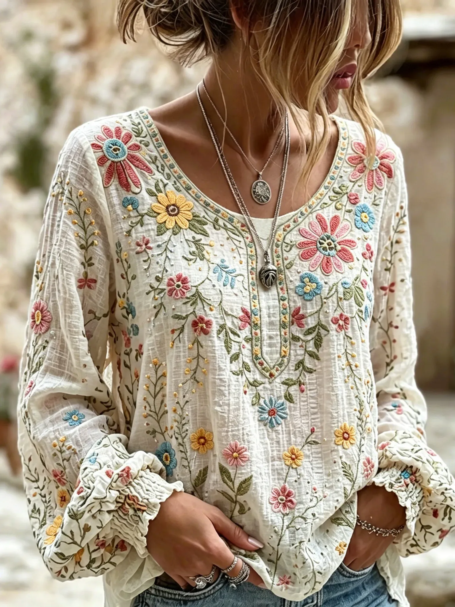 Women's Vacation Casual Embroidered Floral Linen Blouse