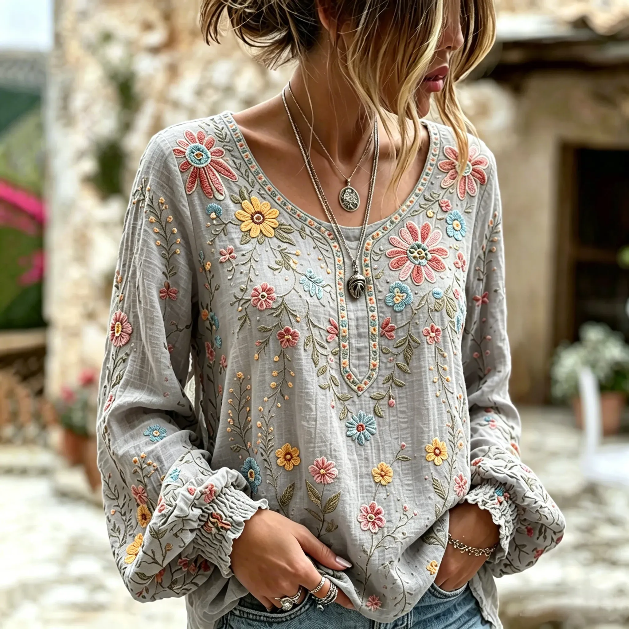Women's Vacation Casual Embroidered Floral Linen Blouse